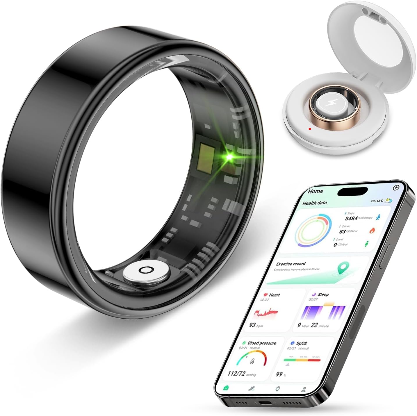 2025 New Smart Ring Health Tracker for Men Women - IP68 Waterproof Fitness Ring with Sleep Tracker/Heart Rate/Blood Oxygen/Steps/Distance/Calories,Air Gestures,Charging case Up to 7-Day