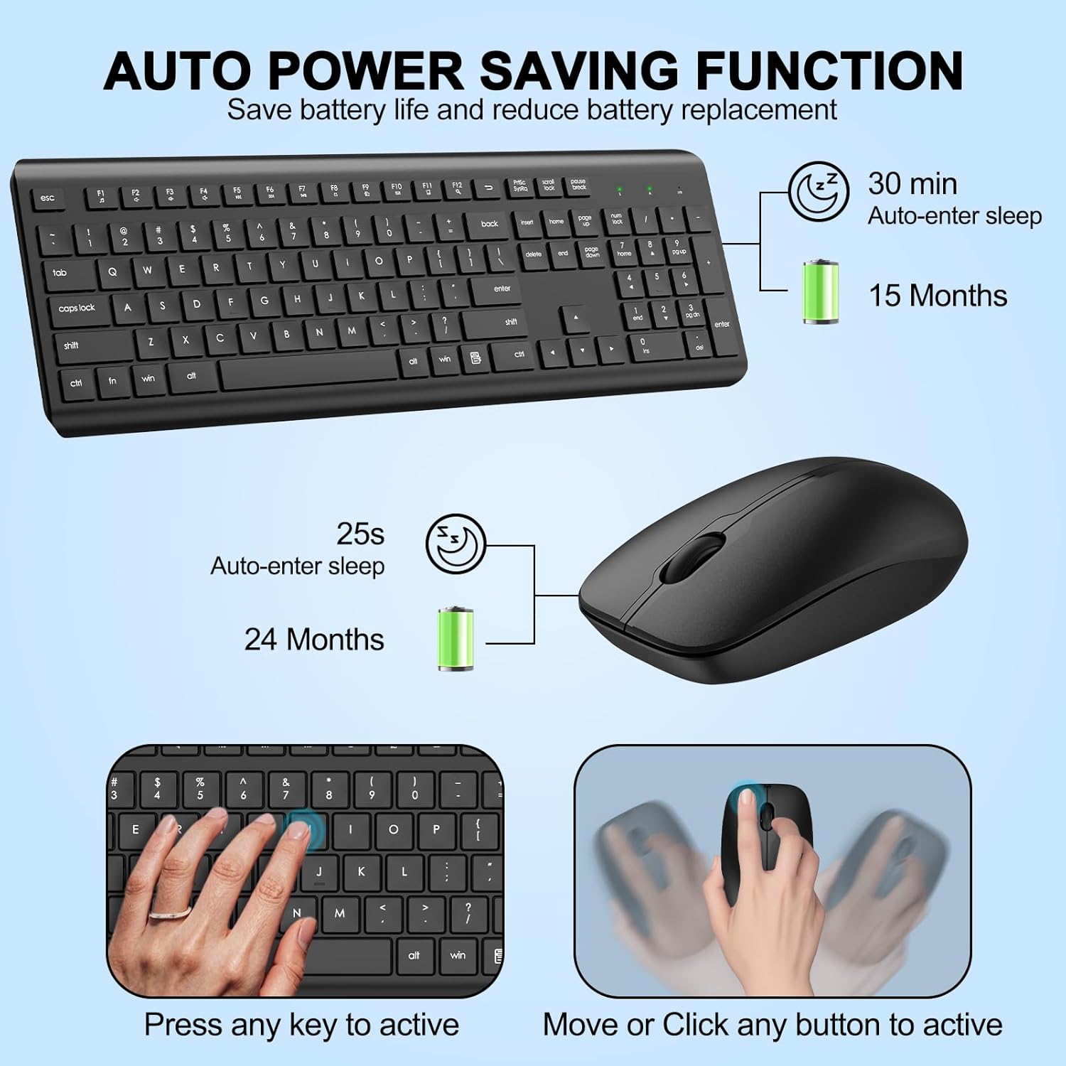 Wireless Keyboard and Mouse Combo, Full Size Silent Ergonomic Keyboard and Mouse, Long Battery Life, Optical Mouse, 2.4G Lag-Free Cordless Mice Keyboard for Computer, Mac, Laptop, PC, Windows - Image 3